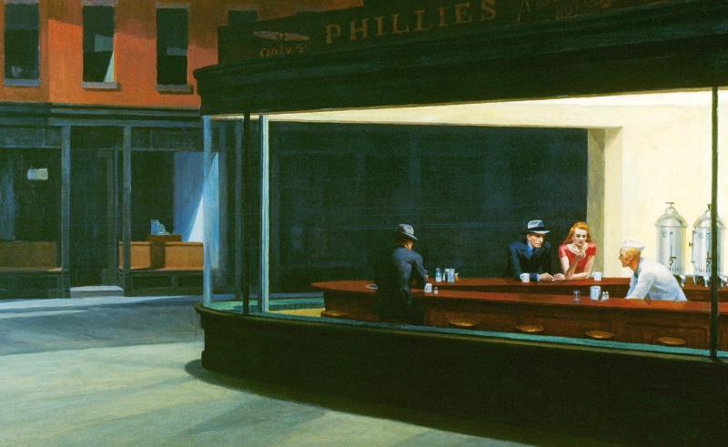 adult, drink, architecture, uniform, happy hour, people, edward hopper, group of people, table, men, indoors, bar - drink establishment, sitting, hoppers most famous painting