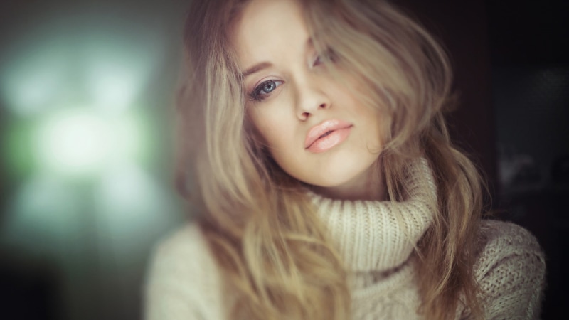 looking at camera, depth of field, headshot, young adult, crochet, looking at viewer, s, Jason Harynuk, beautiful woman, white, sweater, hair, 1080P, face