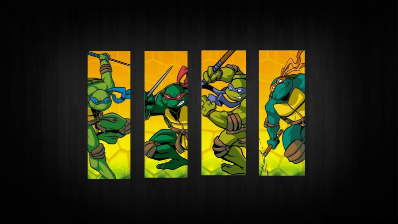 cartoon, indoors, painting, day, multi colored, studio shot, green color, close-up, yellow, turtle, architecture, TV, dark, glass - material, no people