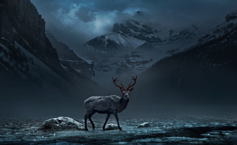 gray, animal, animal wildlife, animals, digital art, non-urban scene, reindeer, animal themes, red eyes, nature, clouds, mountain, mountain range, snow