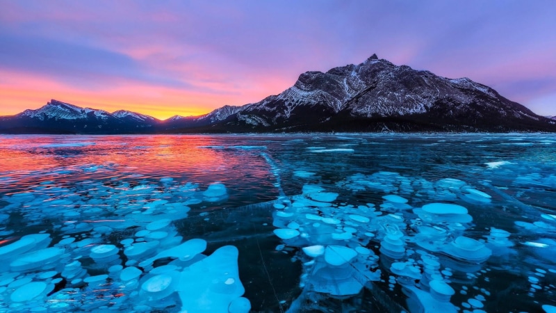 nature, cloud - sky, frozen, ice bubbles, canadian rockies, tranquil scene, sky, winter, sea, alberta rocky mountains, canada, tranquility, 1080P, abraham lake
