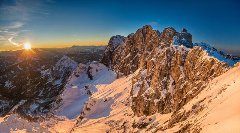 sun, austria, beautiful, mountains, sunrise - dawn, rock, schladming, alpine, mountain landscape, pine tree, vacation, holiday, ice, environment, pine woodland