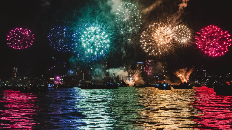 motion, backgrounds, water, holiday, display, waterfront, boat, colors, light, night, color, city, sparks, exploding, red, glowing, christmas, multi Colored