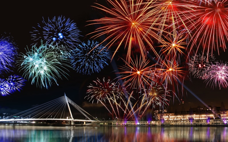 firework display, night, built structure, cityscape, river, 2K, New Year, exploding, reflection, motion, architecture, light, event, display, fireworks