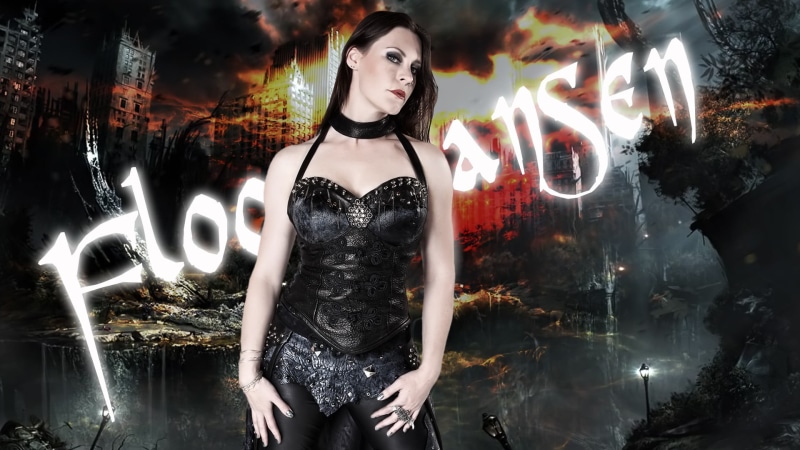 women, front view, illuminated, firework display, young adult, Nightwish, night, looking at camera, standing, leather clothing, digital composite, singer