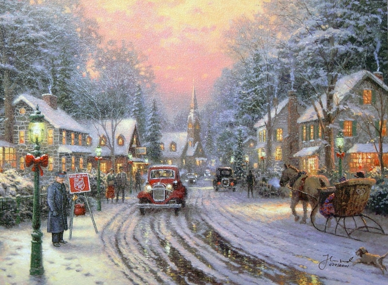 winter, christmas tree, giving, cottage, house, 3d and abstra, 1080P, thomas, thomas kinkade, christnas, seasons, street, town, kinkade