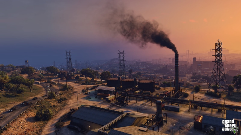 building exterior, pollution, fumes, atmospheric, environment, smoke stack, Grand Theft Auto V, the evening, plant, 1080P, fuel and power generation, tall - high