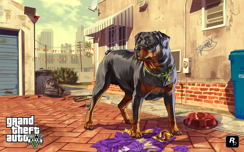 Los Santos, illustration, theft, mammal, doberman Pinscher, auto, artwork, vector, domestic, sunlight, 4K, gta5, table, v, purebred Dog, animal themes