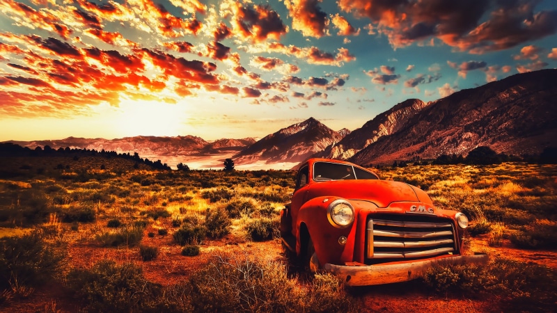 sand, tranquil scene, red, nature, land vehicle, mountain, mode of transportation, road trip, landscape, beauty in nature, USA, car, scenics - nature, cloud - sky