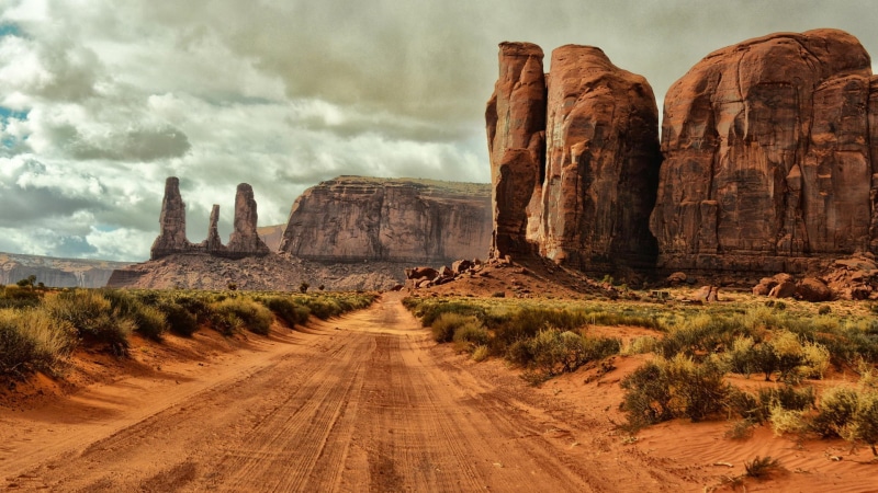 Arizona, Road, Monument, Bushes, Gravel, Valley, Clouds, USA, 1080P, Rocks