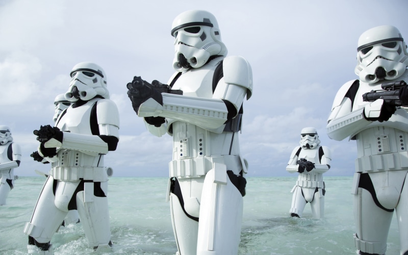 clothing, water, five, Star Wars, no people, star, troopers, male likeness, stormtrooper, 2K, sea, security, white color, focus on foreground, storm, beach