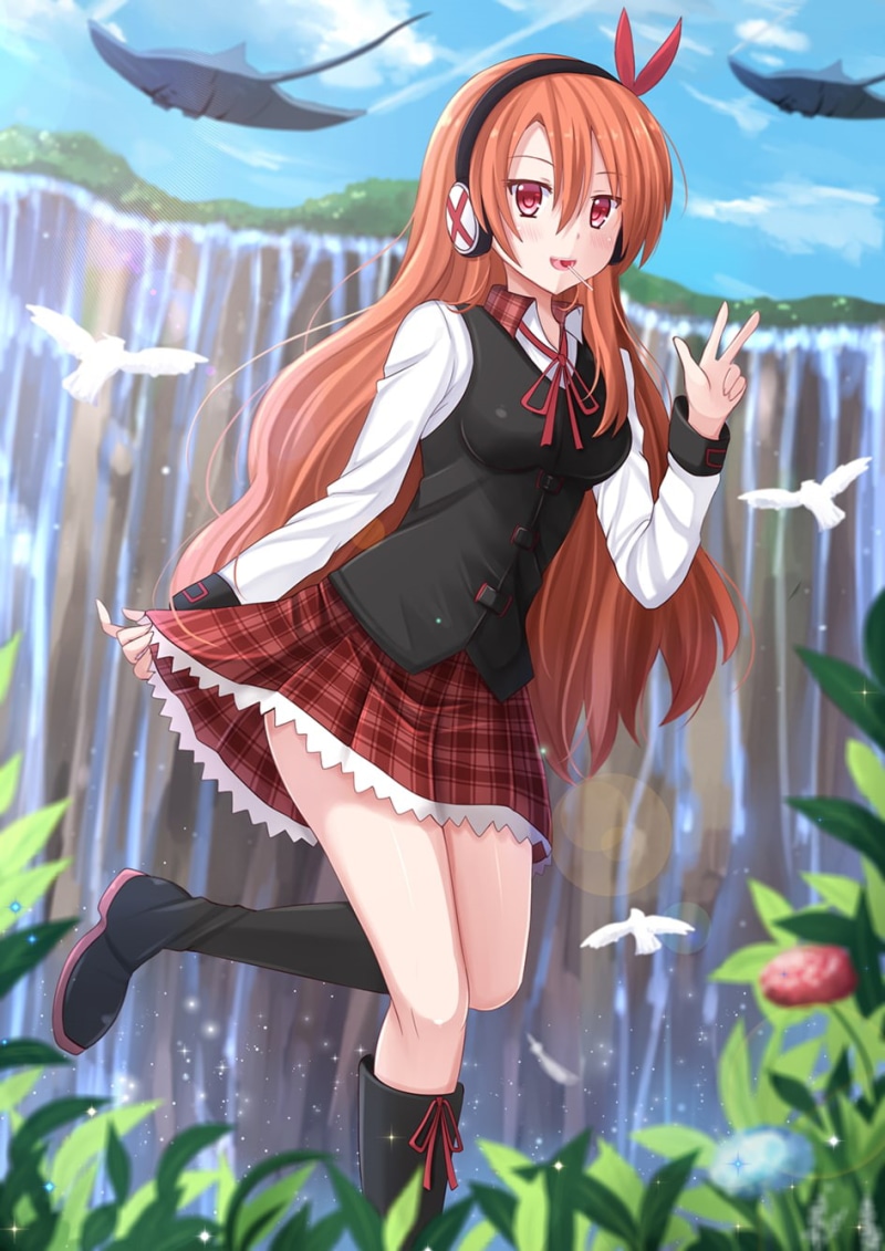 fan art, anime, 720P, Akame, school uniform, clear sky, waterfall, Akame ga kill, anime girls, nature, Akame ga Kill!, white skin, redhead, Chelsea