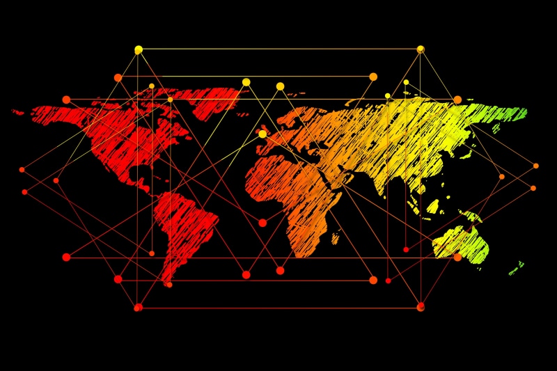 drawing, earth, technology, black background, no people, network, continents, complexity, 4K, connectedness, night, multi colored, international, black color