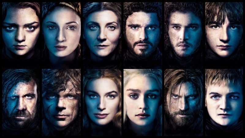 human face, Arya Stark, throne, multiple image, people, character, headshot, digital composite, positive emotion, Catelyn Stark, beautiful woman, Brandon Stark