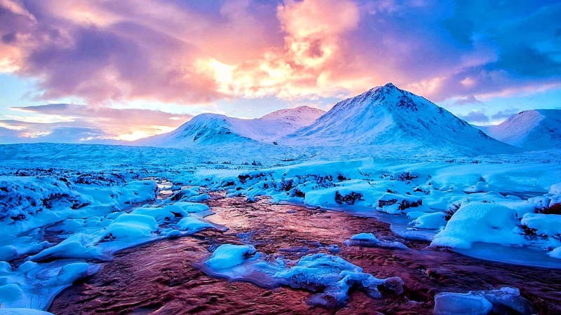beauty in nature, lagoon, cloud - sky, mountain range, glen etive, mountain peak, ice, atmosphere, snowcapped mountain, frozen, scenics - nature, sky, tranquility