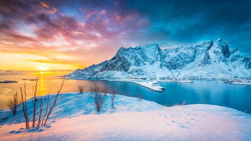 snow, village, 1080P, fishing village, freezing, mount scenery, norway, reine, glacial landform, lofoten, sea, mountain, sky, europe, water, sakrisoya