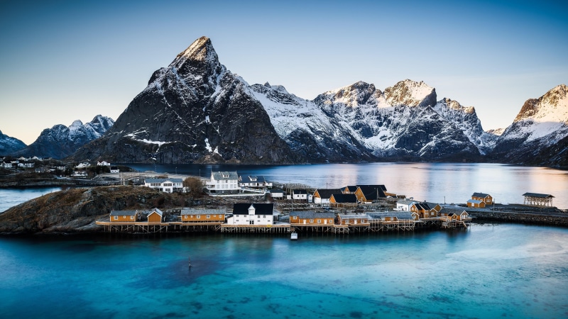 lofoten, snow, mount scenery, village, water, reine, nature, tourist attraction, reflection, mountain range, glacial landform, europe, fjord, norway, mountain