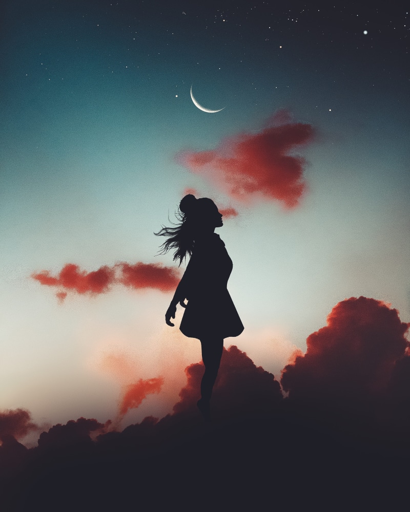clouds, outdoors, girl, one person, dawn, crescent moon, women, idyllic, red, female, silhouette, adult, leisure activity, real people, lifestyles, evening