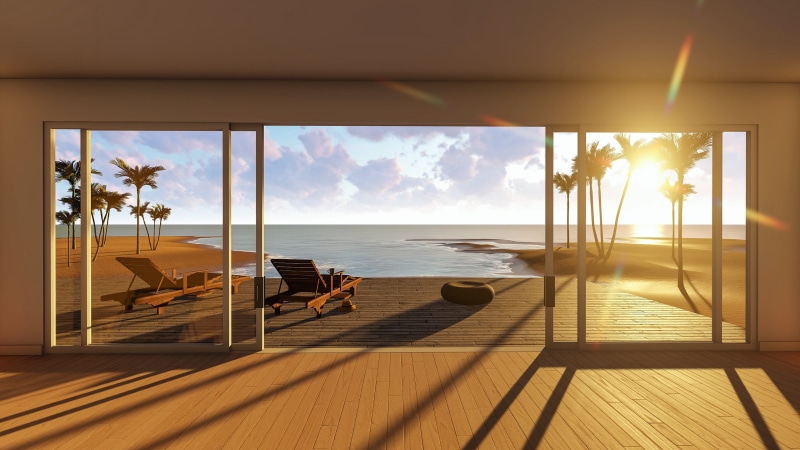 horizon, relaxation, tropical, water, deck, scenics - nature, tranquil scene, island, tranquility, holiday, sunset, tropical climate, 4K, window, wealth