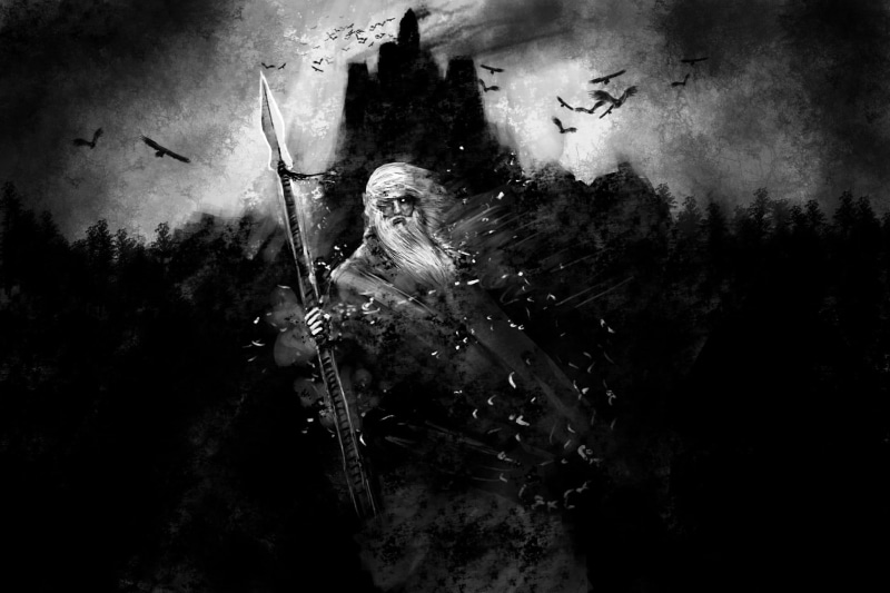 illustration, painting, human skeleton, 1080P, animals in the wild, destruction, emotion, horror, spear, Vikings, indoors, fear, raven, Odin, Gungnir