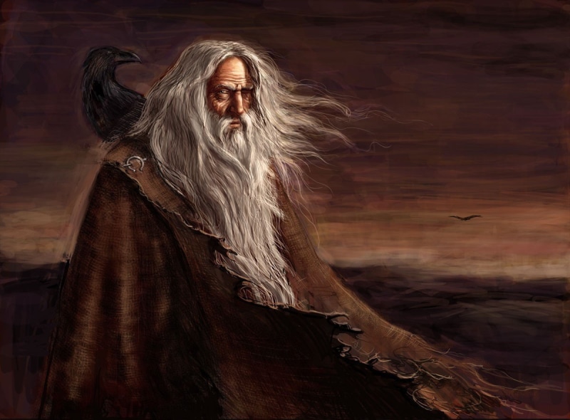 Huginn, Muninn, 480P, raven, painting, Odin, mythology, Vikings