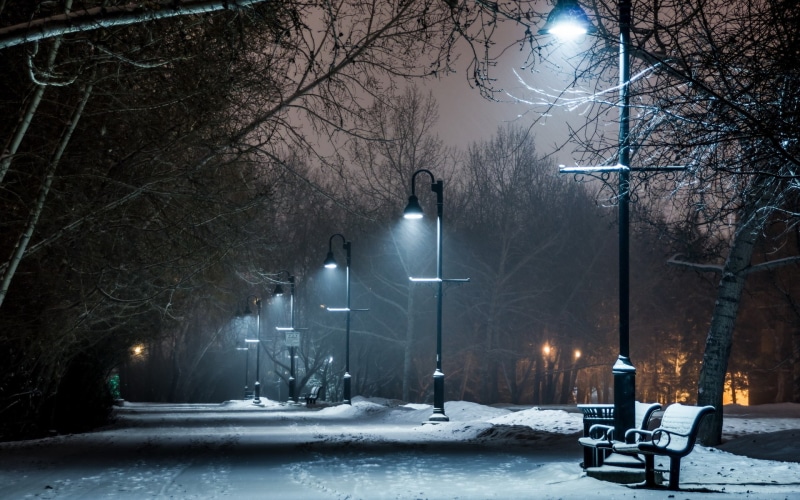 1080P, night, path, trail, post, bench, park, winter, lights, lamp, snow