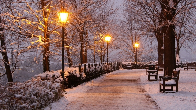 nature, tree, 1080P, winter, street light, bench, seat, park, evening, snow, street lights