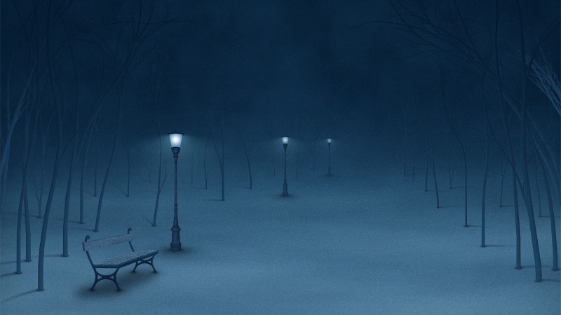 snow, night, bench, tree, winter, 1080P, nature, blue, hd, lights