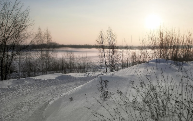 frozen, bare, sky, scenics - nature, covering, landscape, cold temperature, tree, tranquility, non-urban scene, sunset, 2K, bare tree, beauty in nature