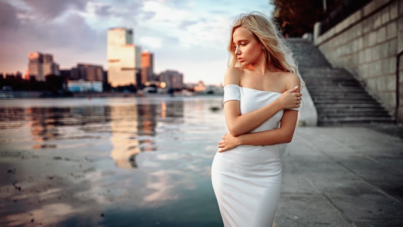 near, woman, wearing, contemplation, beautiful people, beautiful woman, three quarter length, dress, bare shoulders, young women, riverside, daytime, fashion
