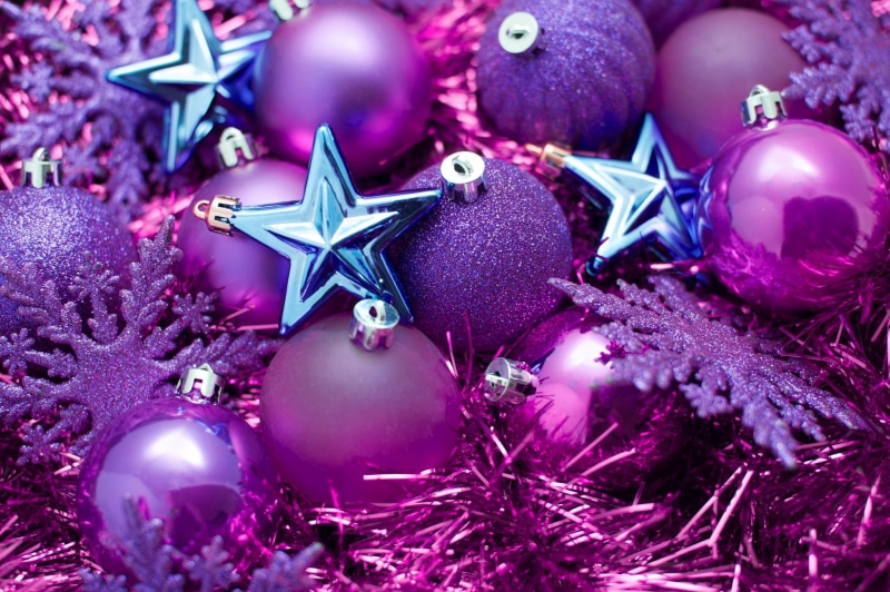 full frame, 1080P, holiday, studio shot, christmas, shiny, silver colored, indoors, no people, decoration, backgrounds, celebration, sphere, purple, ribbon - sewing item