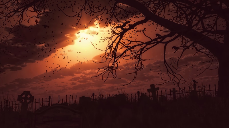 sun rays, cemetery, 4K, fan art, sunset, dark, clouds, Terror, fantasy art, night, artwork