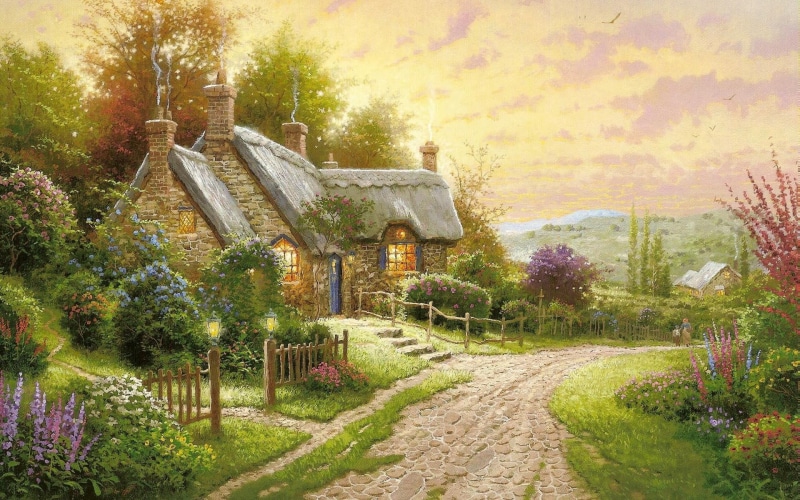 thomas kinkade puzzles, thomas kinkade paintings, Summer, house, 1080P, Flowers, thomas kinkade disney, 1920x1200, cottage, road, thomas kinkade peaceful time