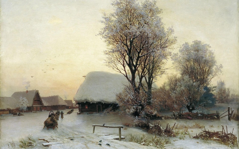 evening, covered, storey, winter, tilted, snow, painting, 1080P, house, tree, houses
