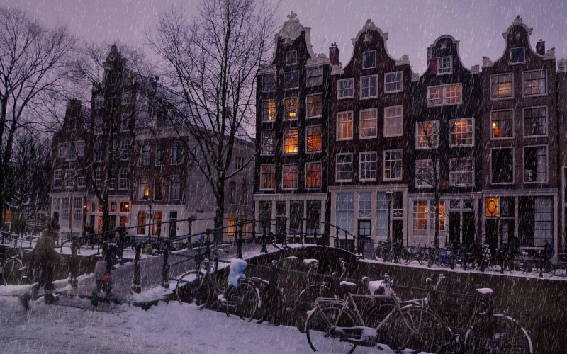 bicycle, bicycles, architecture, snowing, Netherlands, building exterior, nature, no people, cold temperature, residential district, window, day, bridge