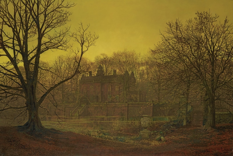 1080P, no people, tree, trees, land, water, lake, field, building exterior, fall, illustration, tranquil scene, growth, John Atkinson Grimshaw, classical art