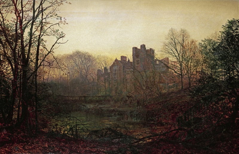 day, water, tranquility, fall, lake, bare tree, outdoors, trees, nature, forest, leaves, architecture, John Atkinson Grimshaw, land, near, fog, building exterior