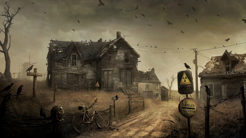 spooky, ravens, radiation, crows, roads, apocalyptic, Bicycle, apocalypse, Dark, halloween, Evil, horror, destruction, 1080P, haunted, gas, creepy, ruins