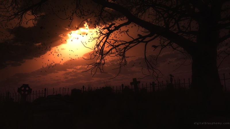 digital blasphemy creepy digital art nature landscape clouds cross cemetery birds crow trees spooky dark sun fence silhouette eerie, cloud - sky, silhouette