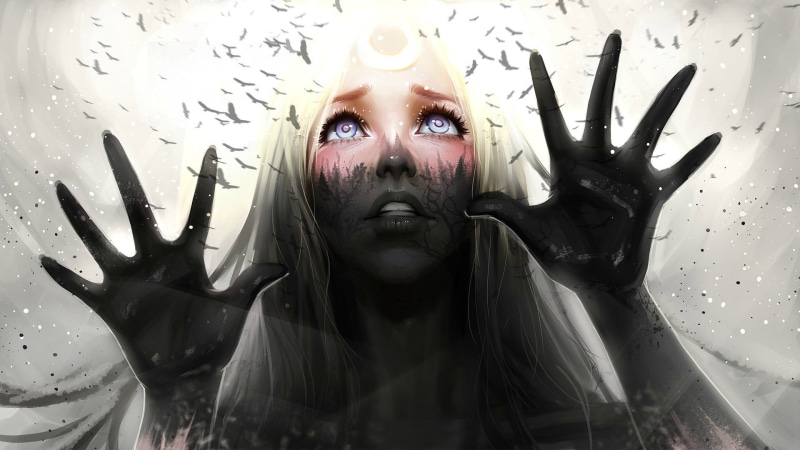 eyes, 1080P, artwork, abstract, blonde, Ayya Saparniyazova, crow, dark, Black forest, fantasy art, sad, dirt, dark fantasy, women, digital art, face