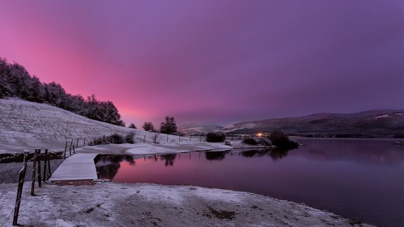 tranquility, trees, purple, environment, cold temperature, no people, foot, hills, sky, lake, landscape, lagoon, idyllic, board, tranquil scene, winter