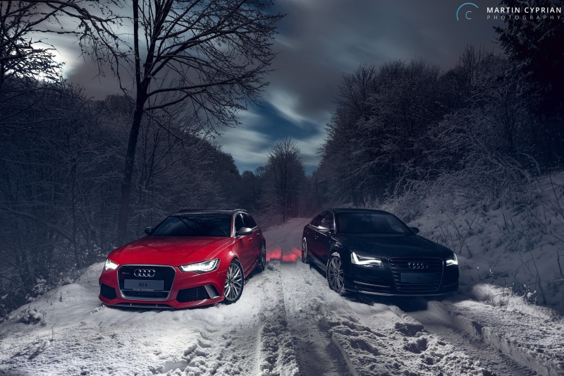 car, Lights, Audi, Trees, Audi A8, Vehicle Front, Martin Cyprian, Long Exposure, landscape, 1080P, forest, Audi RS6 Avant, vehicle, snow, Evening, clouds