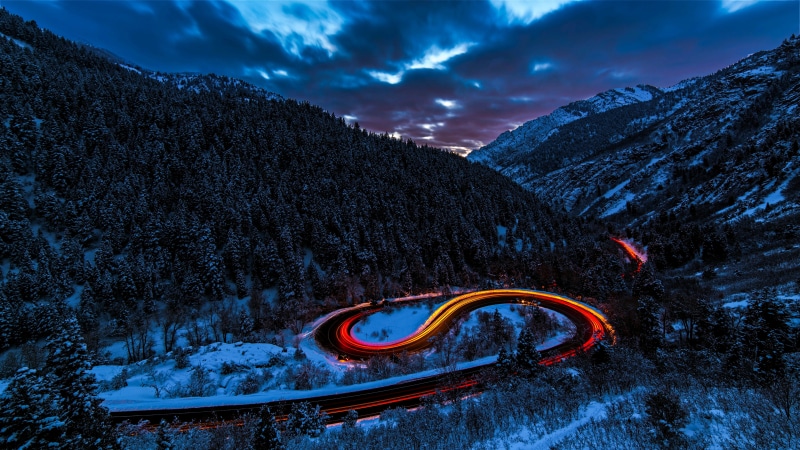 long exposure, mountain, environment, coniferous tree, scenics, cold temperature, sport, beauty in nature, forest, cloud - sky, landscape, night, road