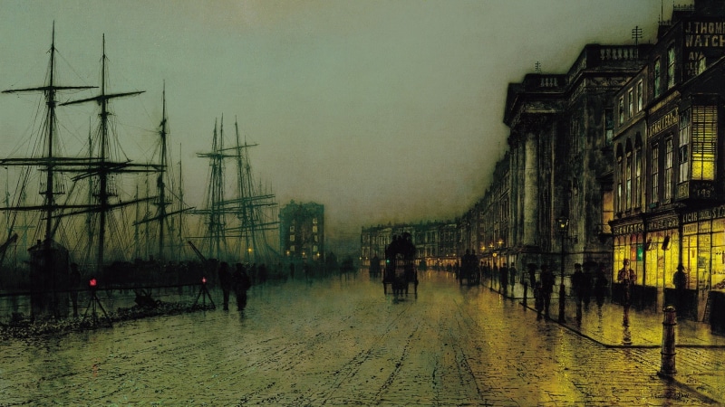 Scotland, road, shipyard, painting, Glasgow, John Atkinson Grimshaw, 1080P
