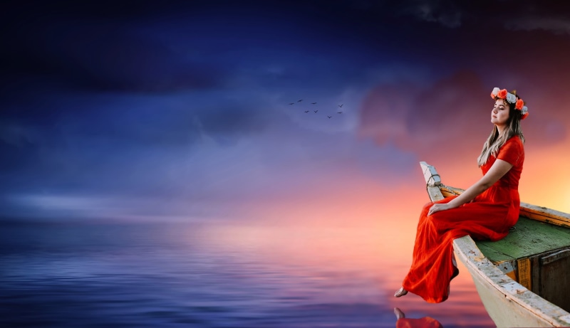 beauty, break, background, dress, nature, dusk, reflection, sit, 4K, woman, clothing, rest, one person, lighting, fly, ocean, evening, peaceful, boat