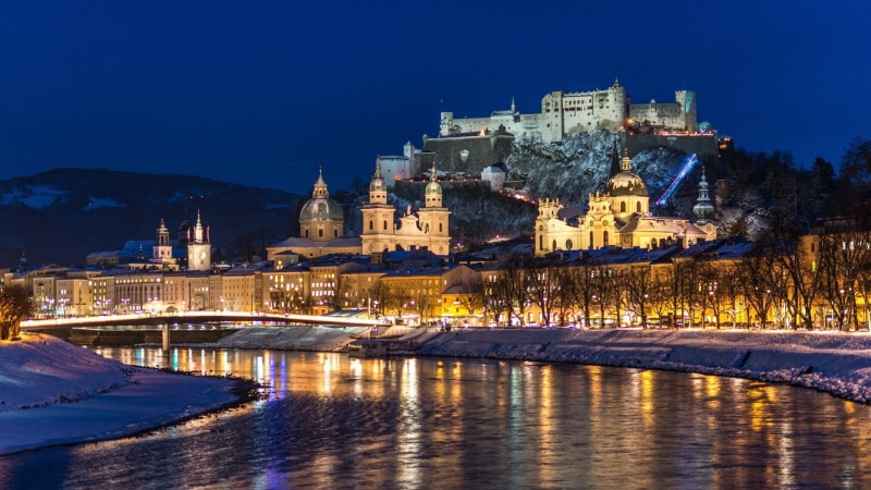 1080P, Houses, City, River, Austria, Lights, Winter, Snow, Night, Salzburg