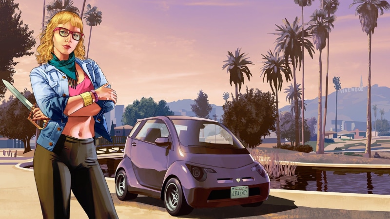 car, sky, online, land vehicle, Grand Theft Auto V, sunglasses, plant, three quarter length, young adult, mode of transportation, real people