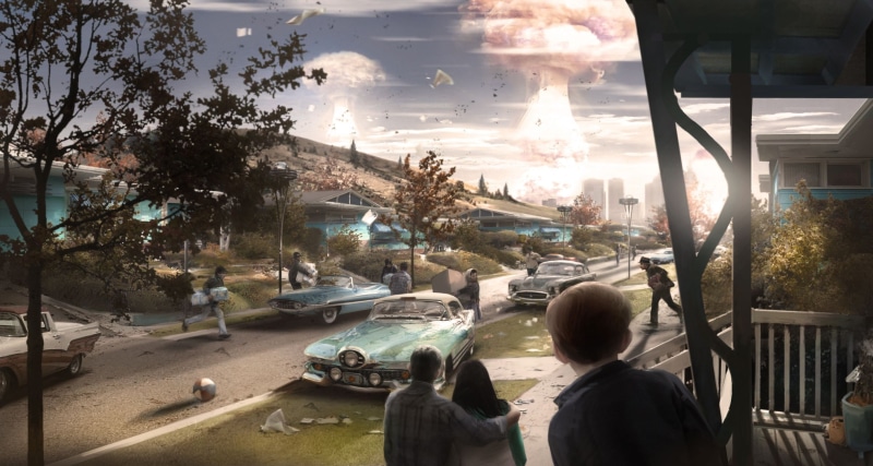 day, person, car, city, facing, real people, three, outdoors, group of people, drawing, people, plant, women, 2K, street, men, motor vehicle, Fallout 4