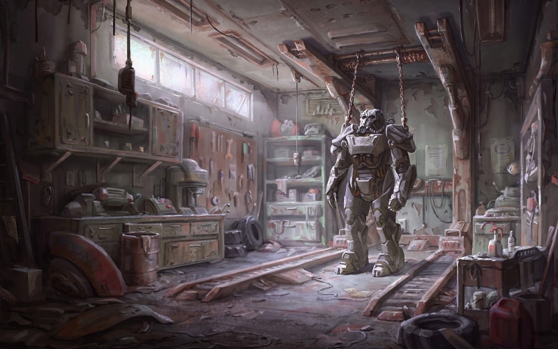 concept art, industry, damaged, factory, armor, robot, equipment, room, Fallout, run-down, video games, metal, indoors, ruined, abandoned, machinery, metal industry