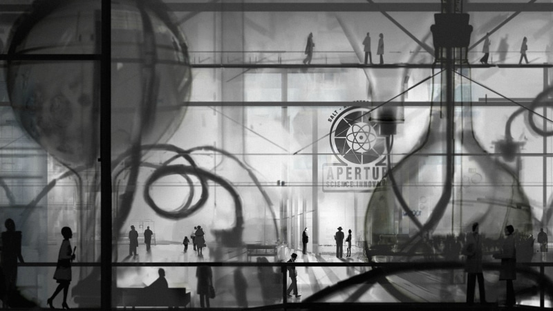 GLaDOS, crowd, top, Portal 2, large group of people, digital composite, glass, clock, Portal (game), incidental people, table, women, metal, Valve Corporation